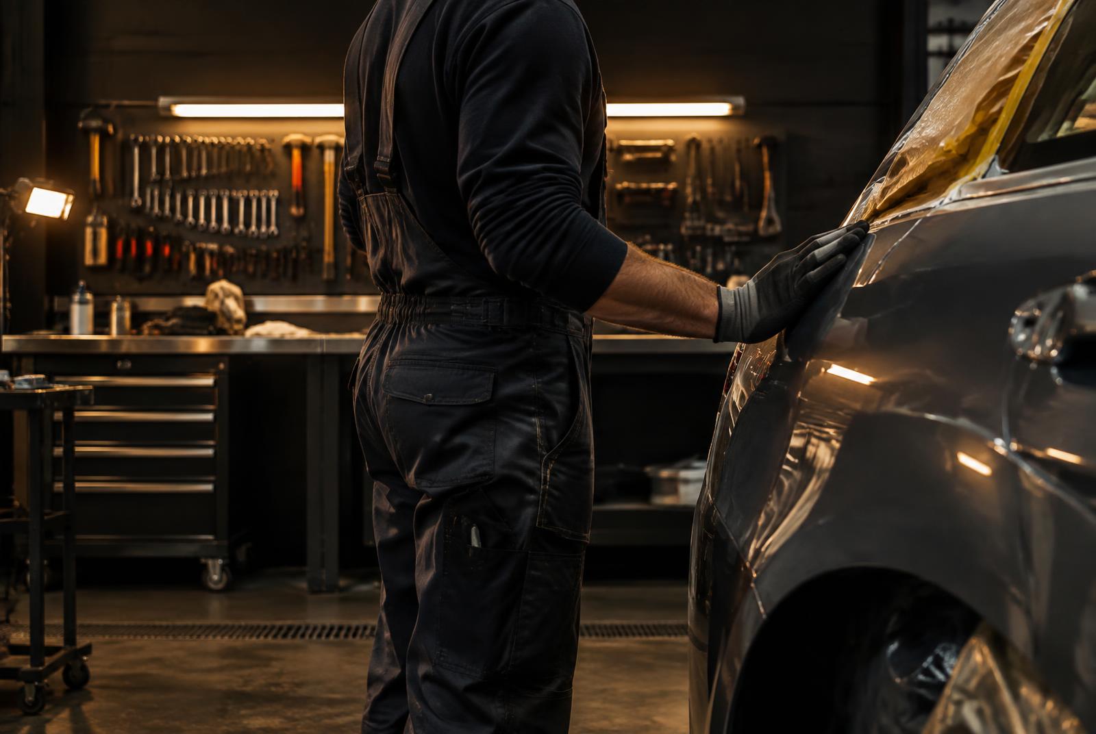 A panel beater in overalls inspecting freshly repaired bodywork in the workshop